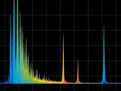 A gamma-ray spectrum: narrow emission peaks rising from a low background, tightly clustered at one end of the range and well separated at the other.