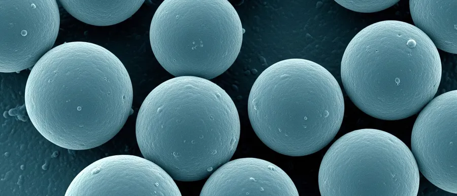 Colourised scanning electron micrograph of microspheres: smooth, near-spherical particles of similar size scattered across a textured substrate.