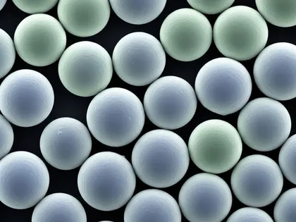 Colourised scanning electron micrograph of microspheres: evenly sized rounded particles, well separated against a dark background, in two distinct tints.